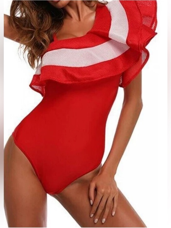 Other - One Shoulder Women’s Bodysuit Red/White Flounce Ruffled Mesh Swimsuit Large
